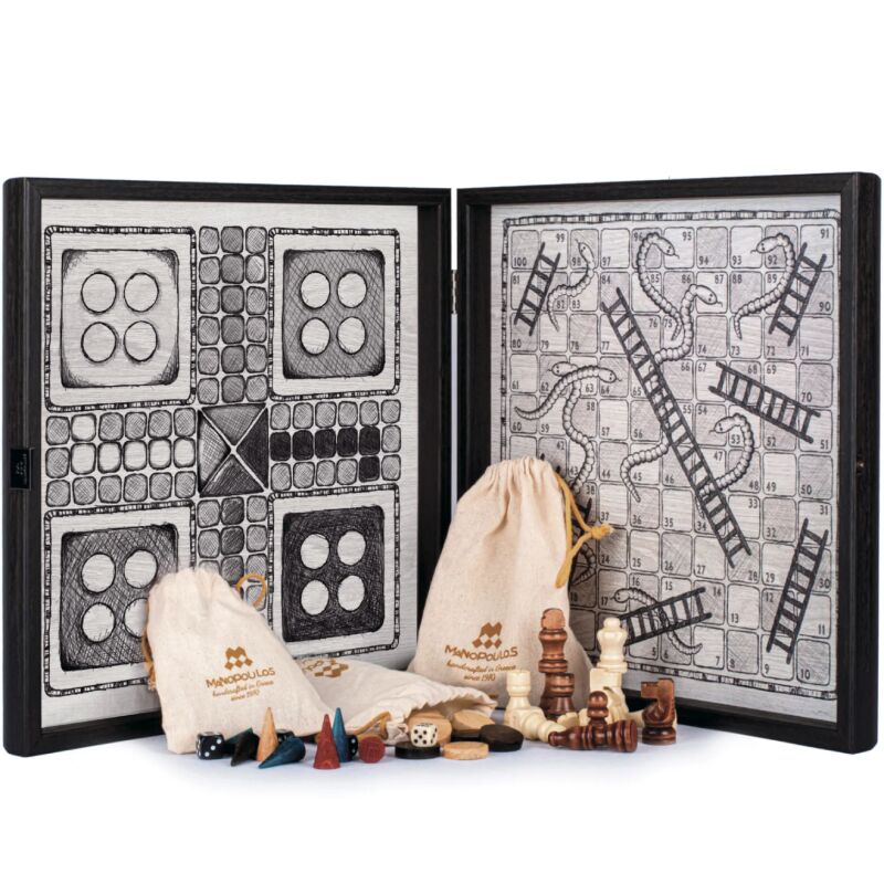 Šah, Backgammon, Ludo i Snakes Handcrafted Sketch drvo set